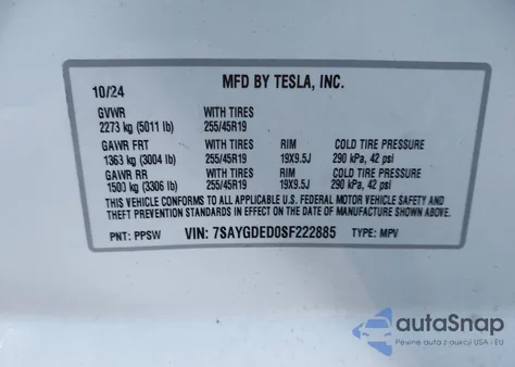 2025 Tesla Model Y Long Range Dual Motor All-Wheel Drive z USA, uszkodzony, nr VIN 7SAYGDED0SF222885